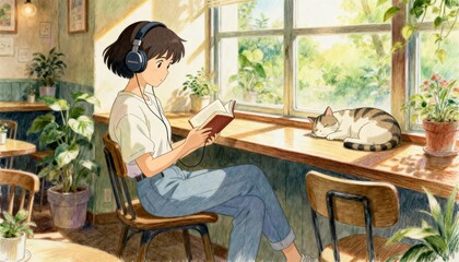 Obraz premium Anime girl reading a book in a cozy cafe with a sleeping cat