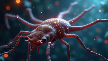 Close up Macro Of A Spooky Red Spider Covered In Orange Glitter With Glowing Particles And Blurry Green Foliage