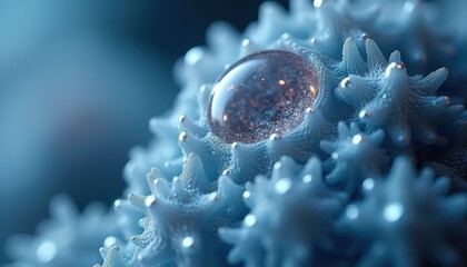 Macro View of a Water Droplet on a Textured Blue Surface with Sparkles