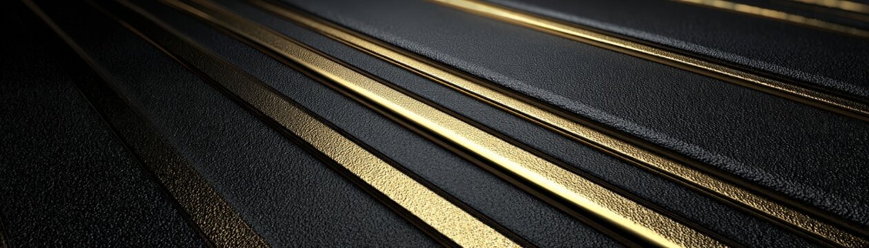 Close-up of parallel metallic rails embedded in a textured dark surface, showcasing reflective golden highlights and industrial design.