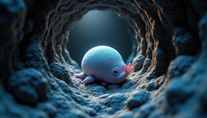 Tiny Pink Amphibian Creature with Gills and Legs Huddled in a Dark Rocky Tunnel with Dim Overhead Lighting