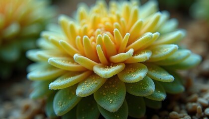 Close Up Macro Of A Vibrant Yellow Succulent Plant With Green Leaves Covered In Tiny Golden Glitter In Soft Natural