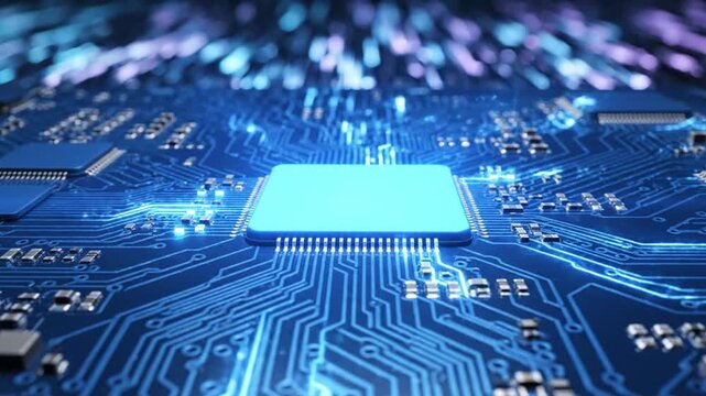 Close-up of a microchip on a blue circuit board with glowing neon lights in the background, showcasing technology and innovation