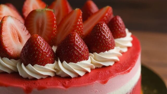 Close-up of strawberry cake with cream frosting and fresh strawberries on top, sitting on a wooden table indoors
