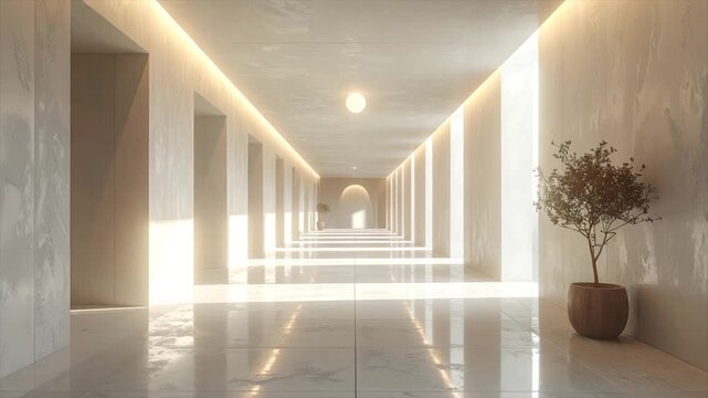 Long, light-filled corridor with pillars, overhead lighting, reflective floor, and potted trees