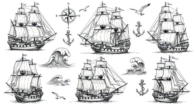 Vintage Sailing Ships, Anchors, Waves, and Seagulls: Nautical Adventure Illustration