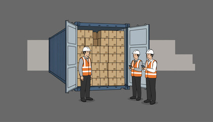 Fototapeta premium Three workers in safety gear inspecting stacked boxes inside a shipping container, illustrating logistics and cargo management.
