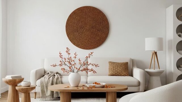Modern living room interior with white sofa, wooden coffee table, decorative vase with branches, woven wall art, and floor lamp creating a cozy and stylish atmosphere in neutral tones