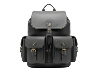 A black leather backpack with gold hardware isolated on transparent background