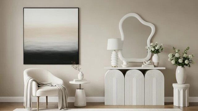 Elegant modern living room interior with stylish furniture, abstract painting, and decorative elements creating a harmonious and sophisticated ambiance in neutral tones and textures