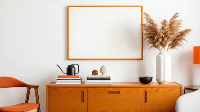 Modern interior design with wooden sideboard, decorative items, and pampas grass in a vase, featuring a blank picture frame on a white wall, creating a cozy and stylish living space
