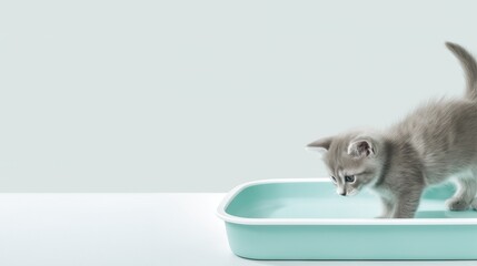 Kitten standing inside litter tray representing pet hygiene, training and cat care product category. Animal supplies, veterinary service, domestic pet ownership market