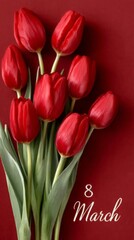 Red tulips with 8 March text representing International Women Day flower sales and greeting card concept. Floral retail, bouquet marketing, seasonal celebration campaign