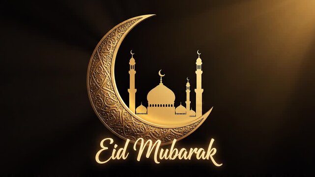 Animated reveal of a golden crescent moon and mosque silhouette emerging from darkness. &ldquo;Eid Mubarak&rdquo; text fades in with a soft glow as light sweeps across the metallic surface.