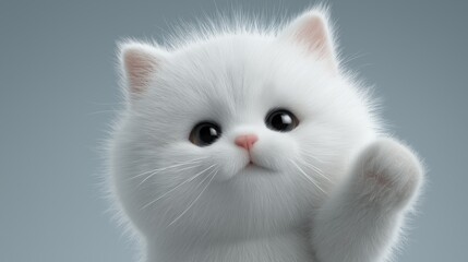 White kitten portrait with raised paw isolated on light background for pet branding and veterinary marketing. Animal image supports pet food packaging, grooming service promotion