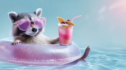 Raccoon floating in pool ring holding pink cocktail representing summer party and beverage promotion. Travel marketing, resort branding, tourism campaign, holiday banner, lifestyle advertising