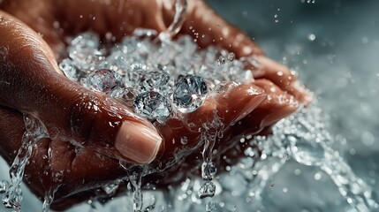 Hand holding diamonds under flowing water symbolizing jewelry cleaning and luxury concept. Precious stone advertising, gemstone marketing, wealth investment, premium branding, finance campaign