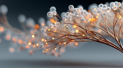 Luxury abstract background with glowing glass spheres and metallic branches for technology branding and innovation design. High resolution macro detail supports digital marketing, fintech, energy