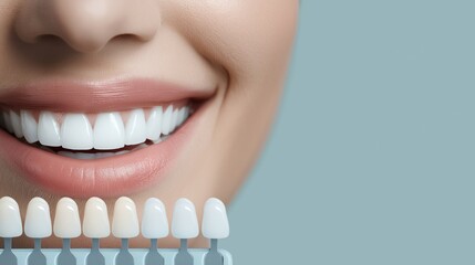 Closeup female smile with tooth shade samples for whitening, veneers and cosmetic dentistry services. High resolution dental care image for clinic advertising, orthodontics and oral hygiene care