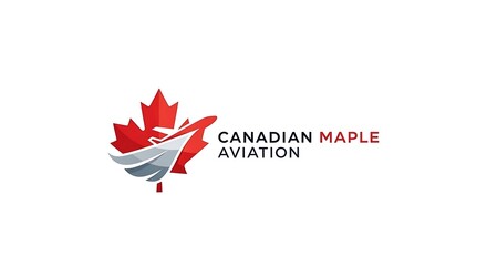 Obraz premium Modern aviation logo featuring a red maple leaf and stylized airplane element