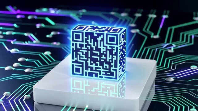 Futuristic QR code on a circuit board background 4K video