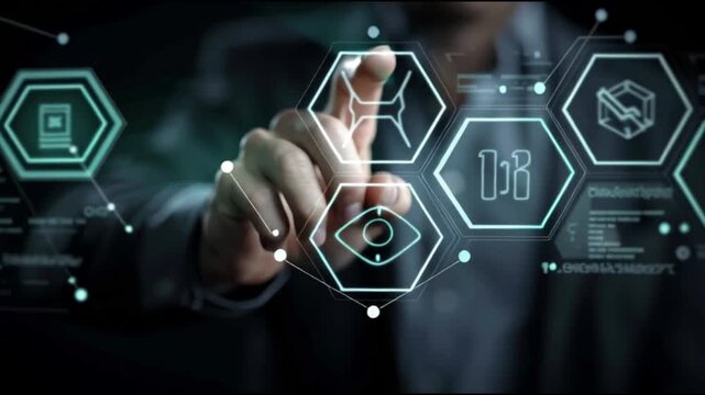 Quality assurance. Quality benchmark. Process consistency. Testing governance. Process consistency. Futuristic interface with hand interacting with digital icons.