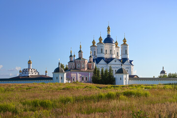 Panorama of Svensky Dormition Monastery in Bryansk at sunset, Bryansk region of Russia