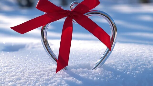 Heart-shaped metal gift wrapped with red ribbon lies on snowy winter landscape with trees in background, for Valentine's Day or love-themed promotions