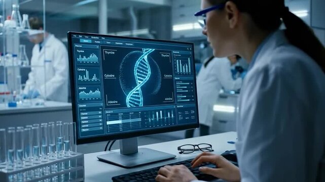 A scientist in a lab coat looks at a computer screen displaying a DNA helix and various data charts. The screen shows genetic information and graphs, suggesting a research or analysis process.
