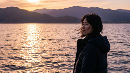 Fototapeta premium Side profile of young woman watching sunset over glistening ocean water, perfect for contemplation mood and calm holiday evening concept