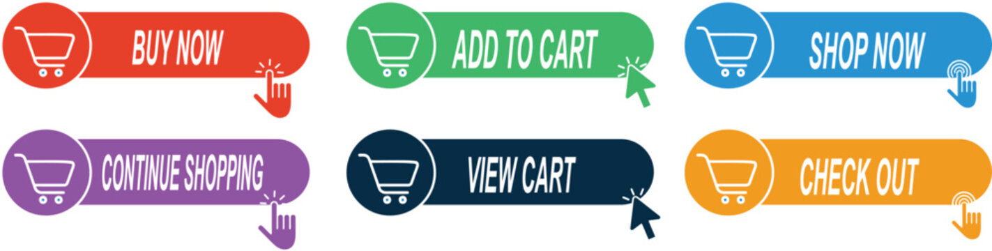 E-commerce Shopping Button Set with Buy Now and Add to Cart, Colorful Web UI UX Design Elements for Online Store, Checkout and View Cart Vector Icons with Hand Cursor