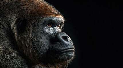 Fototapeta premium Close up of a gorilla's face. The gorilla has a dark brown face and a black mane
