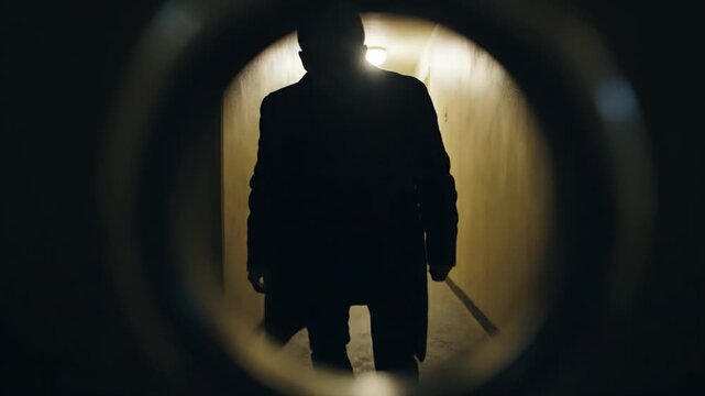 Suspenseful point view shot looking through doors peephole frightening silhouetted figure standing dark hallway This footage perfect projects related horror thrillers home security personal safety