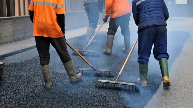 Workers in high vis vests laying asphalt on city street
