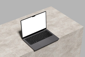 laptop on the orange stone table, laptop computer in different angles, isolated on white background