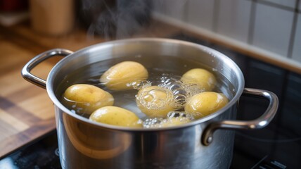 Boiling potatoes in a stainless steel pot on the stove