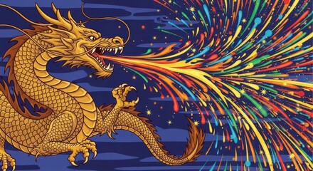 Fototapeta premium Mythical golden serpent expels a vibrant stream of multicolored energy against a dark night sky