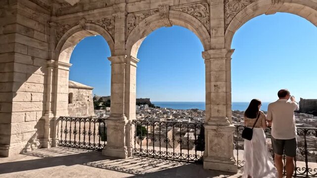 Sunny exterior scene. Stone arched portico with three people. View of coastal city in the distance