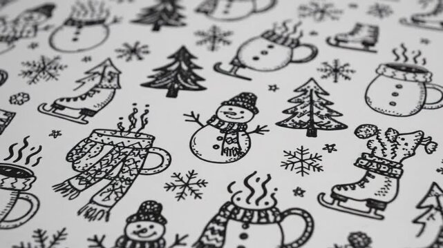 Hand-drawn winter pattern with snowmen, trees, mugs, and snowflakes