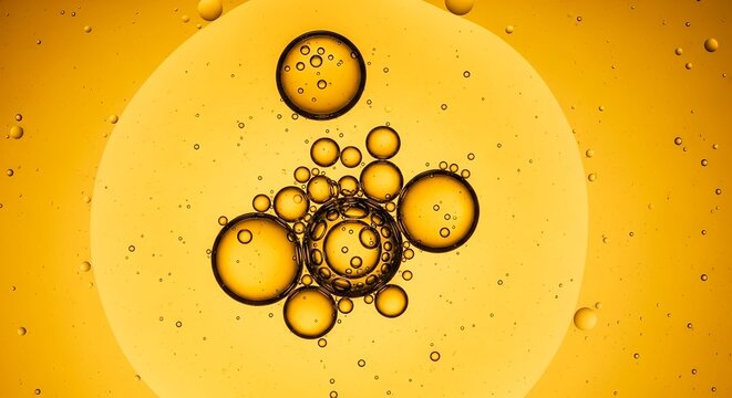 Golden liquid with suspended bubbles creating an abstract and mesmerizing pattern