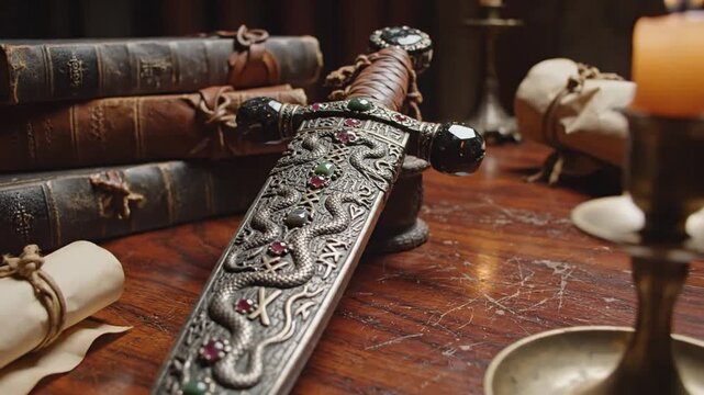 Ornate fantasy dagger with ancient books on wooden desk