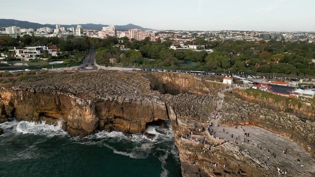 Drone Orbit Over Boca do Inferno with Cascais Coastline