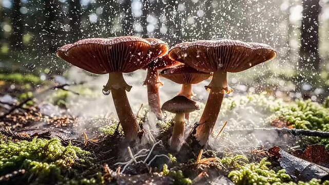 Vibrant forest mushrooms thrive on a mossy floor, beautifully illuminated by soft sunlight highlighting delicate rain droplets, capturing a dynamic, serene tableau of nature's continuous growth