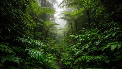Obraz premium Lush Fern Forest Canopy Illuminating a Pathway into Misty Tropical Greenery