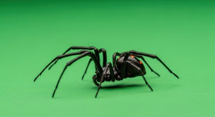 Obraz premium Dramatic studio shot of a black widow spider poised against a vibrant green background
