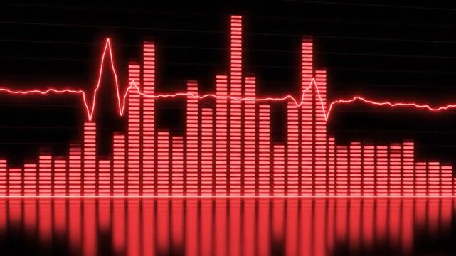 Dynamic red o equalizer bars and waveform pulse on a dark background