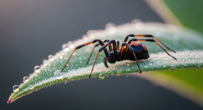 Elegant brown widow spider perches delicately on a dew-kissed leaf capturing nature's intricate