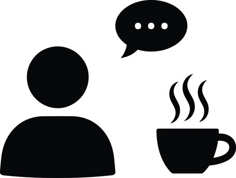Person icon with speech bubble and hot coffee cup silhouette vector illustration, communication concept symbol isolated on white background, conversation break design