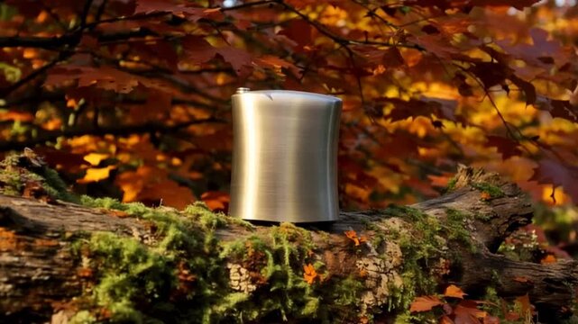 Metal travel mug on mossy tree stump with autumn leaves background