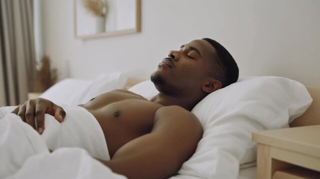 Peaceful Morning Moment Man Sleeping Soundly in Bed 4K video